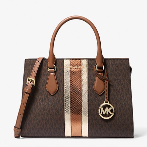 Michael Kors Sheila Medium Signature Logo and Metallic Satchel Crossbody Center - Picture 8 of 16